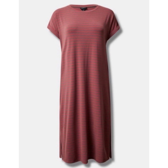 🆕 Pink Striped Tea Length Jersey Rolled Sleeve T-Shirt Dress NWT Torrid New - Picture 4 of 5